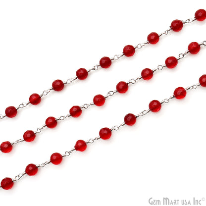 Red Jade Faceted 6mm Silver Wire Wrapped Rosary Chain