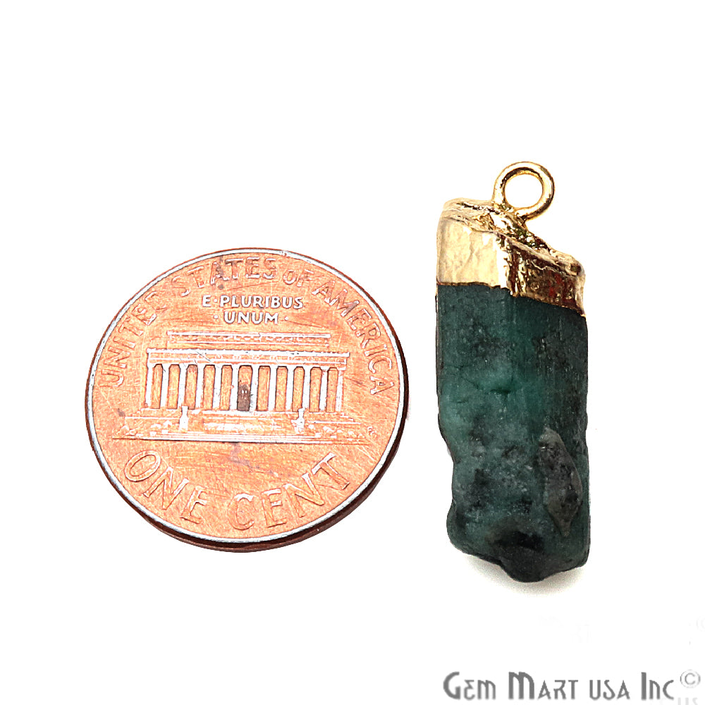 Rough Emerald Gemstone 25x9mm Organic Gold Edged Single Bail Connector Charm - GemMartUSA