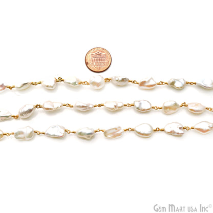 Pearl Free Form 14x8mm Gold Wire Wrapped Rosary Chain