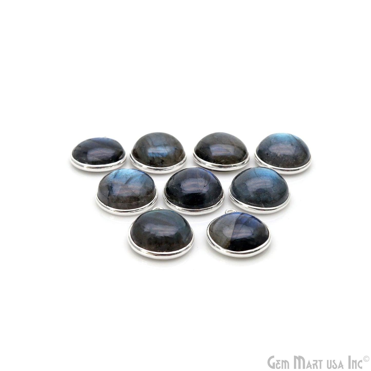 Flashy Labradorite Cabochon 15mm Round Single Bail Silver Plated Gemstone Connector