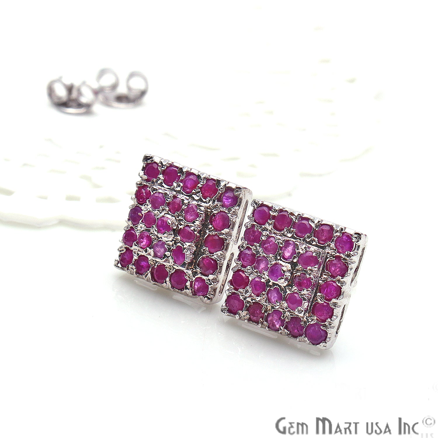 Ruby 12mm Sterling Silver Square Shape Stud Earring - GemMartUSA