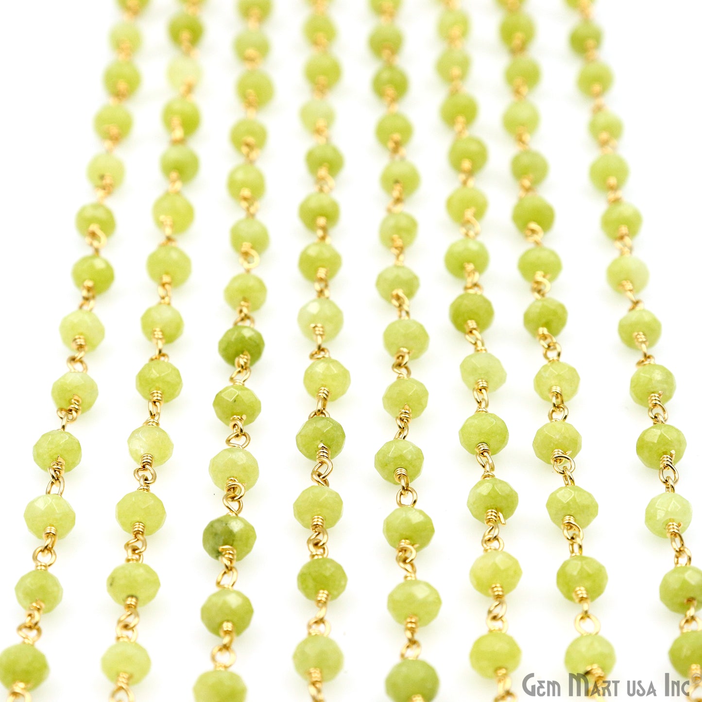 Light Green Jade Faceted Beads 4mm Gold Plated Wire Wrapped Rosary Chain