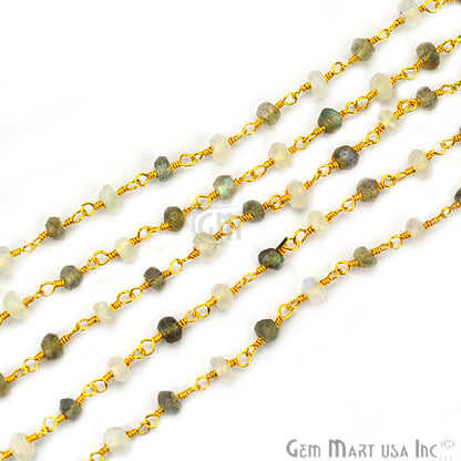 Rainbow & Labradorite Gemstone Bead Gold Wire Wrapped Rosary Chain