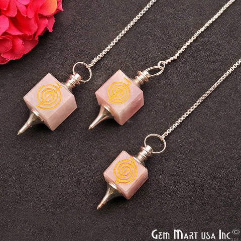 Rose Quartz Pendulum Pendant, Cube shaped Carved Gemstone, Silver Plated Chain, Dowsing Pendulum, Healing Reiki Stone 36X13MM - GemMartUSA