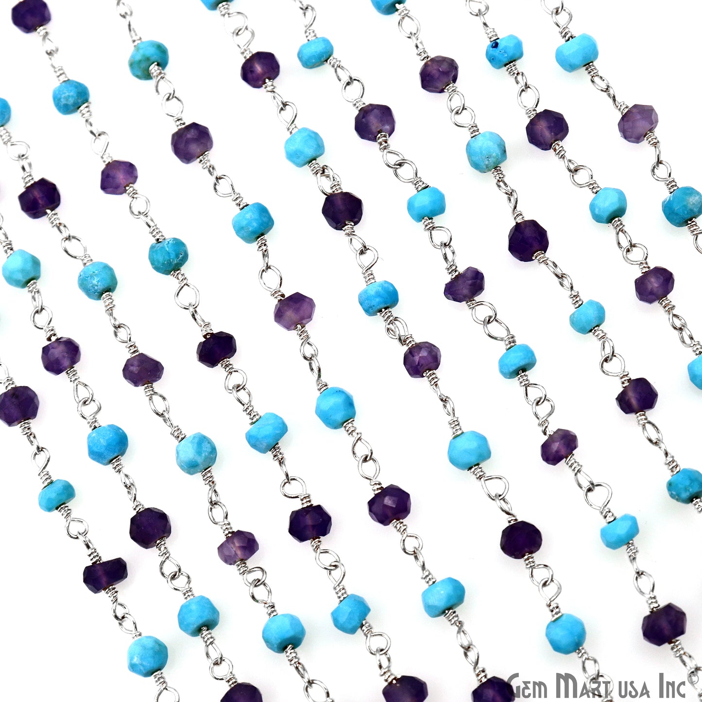 Amethyst & Turquoise 3-3.5mm Silver Plated Beaded Wire Wrapped Rosary Chain