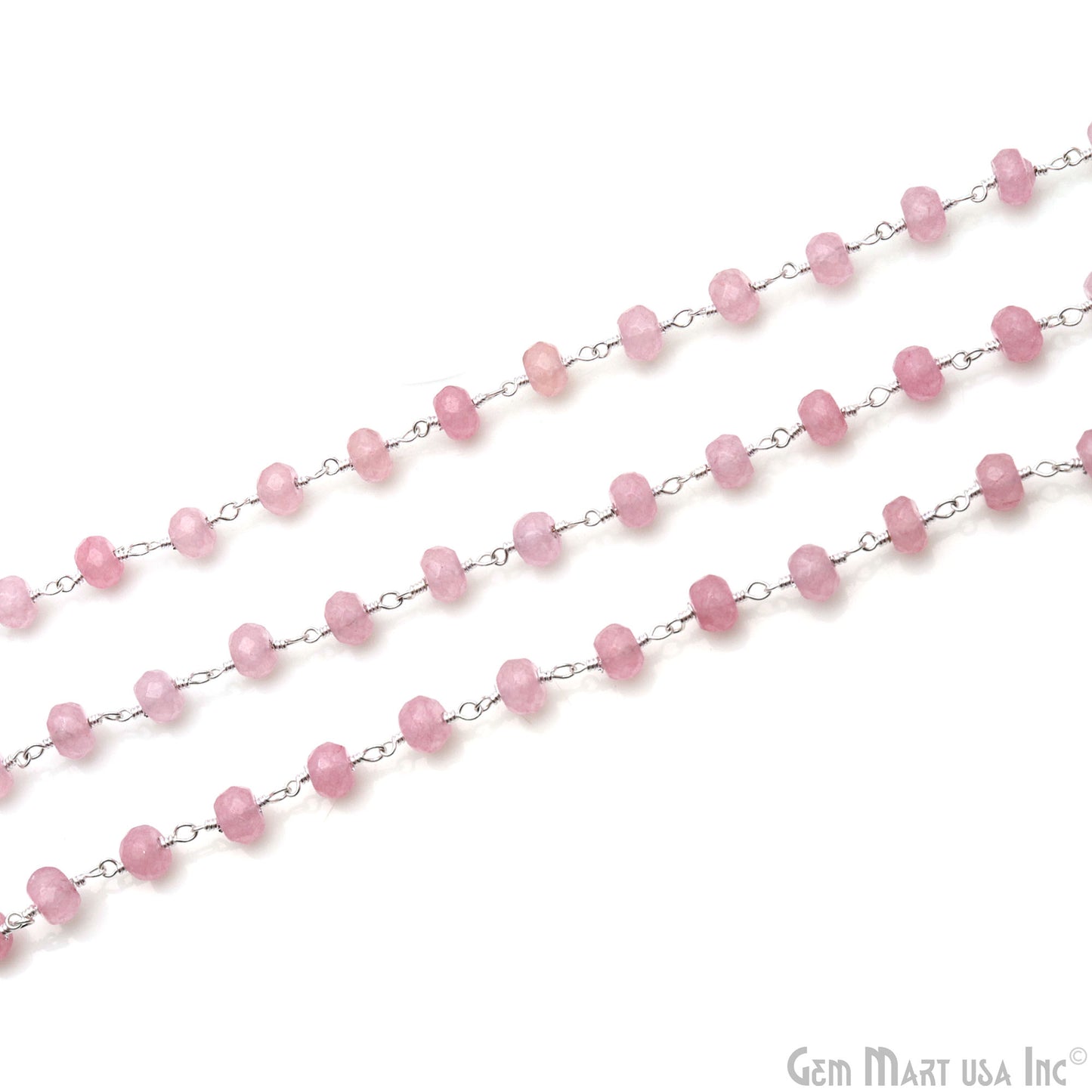 Baby Pink Jade Faceted 5-6mm Silver Wire Wrapped Beads Rosary Chain