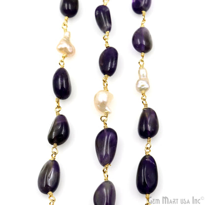 Amethyst & Pearl Tumbled Beads Gold Plated Wire Wrapped Rosary Chain