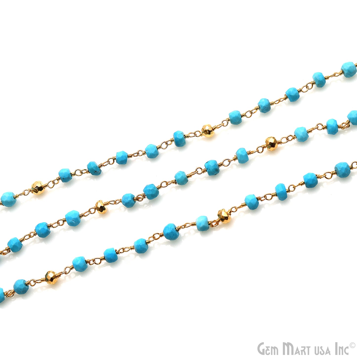 Turquoise With Golden Pyrite Gold Plated Gemstone Beads Rosary Chain