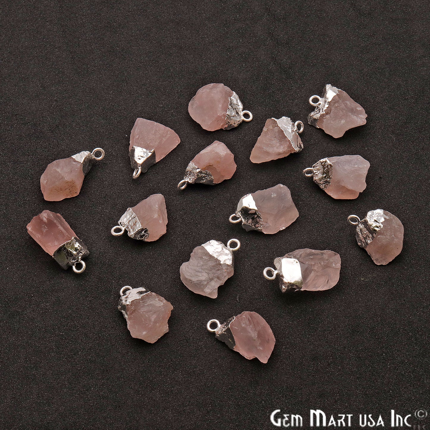 Rough Rose Quartz Organic 22x15mm Silver Electroplated Pendant Connector - GemMartUSA