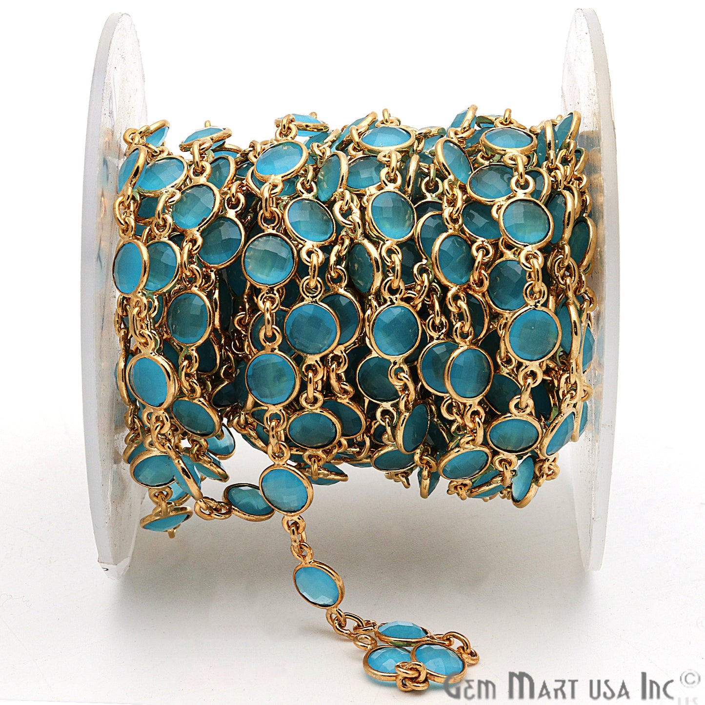 Sky Blue Chalcedony 5mm Bezel Link Gold Plated Continuous Connector Chain - GemmartUSA