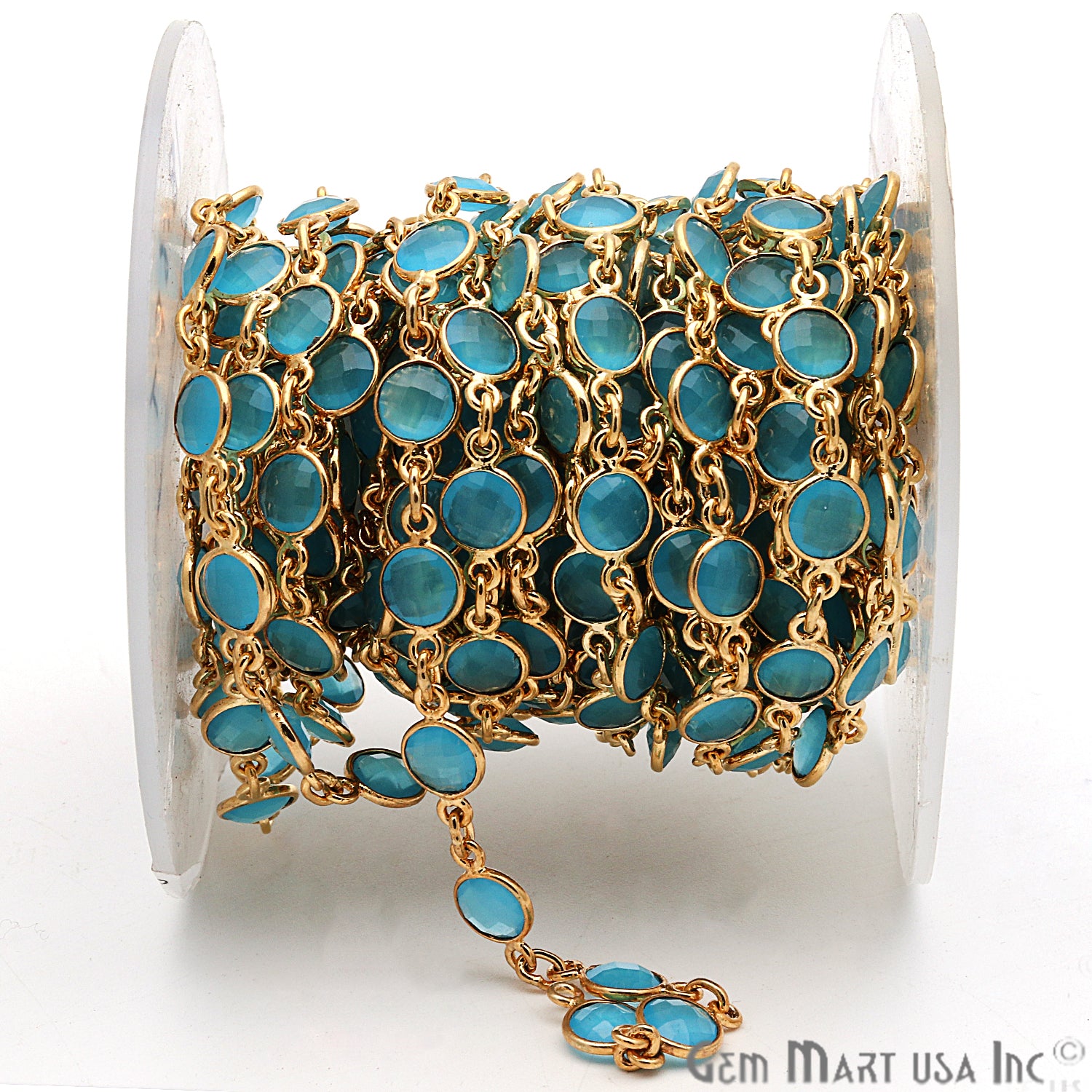 Sky Blue Chalcedony 5mm Bezel Link Gold Plated Continuous Connector Chain - GemmartUSA
