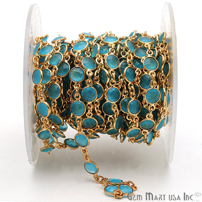 Sky Blue Chalcedony 5mm Bezel Link Gold Plated Continuous Connector Chain - GemmartUSA