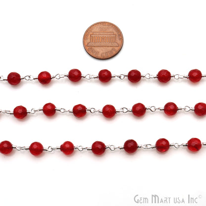 Red Jade Faceted 6mm Silver Wire Wrapped Rosary Chain