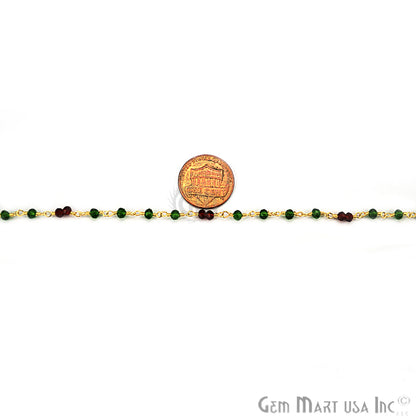 Emerald With Garnet Zircon Beads Rosary Chain, Gold Plated Wire Wrapped Rosary Chain