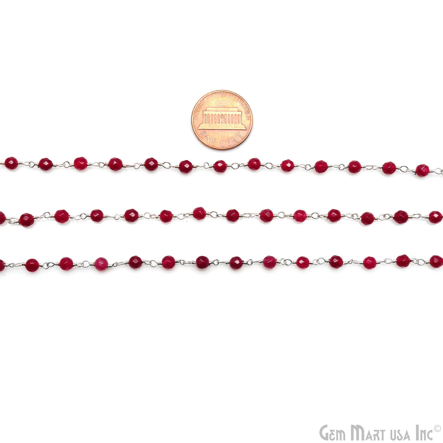 Ruby Chalcedony 4mm Faceted Beads Silver Wire Wrapped Rosary