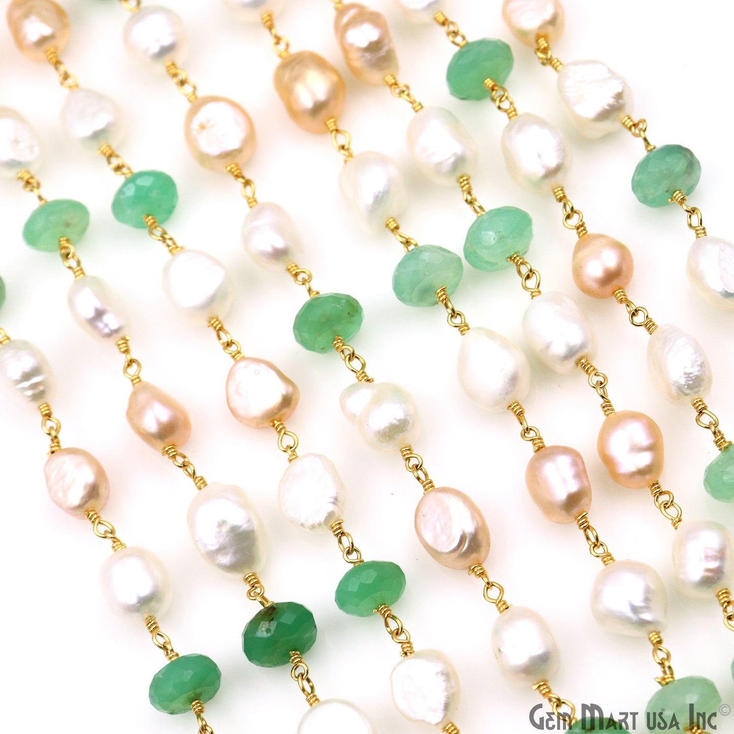 Chrysoprase & Pearl Faceted Beads Gold Plated Wire Wrapped Rosary Chain