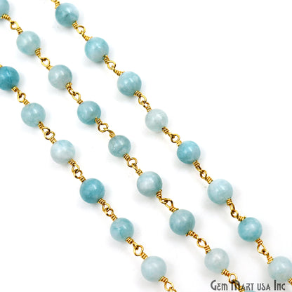 Turquoise Green Jade Cabochon Beads 6mm Gold Plated Gemstone Rosary Chain