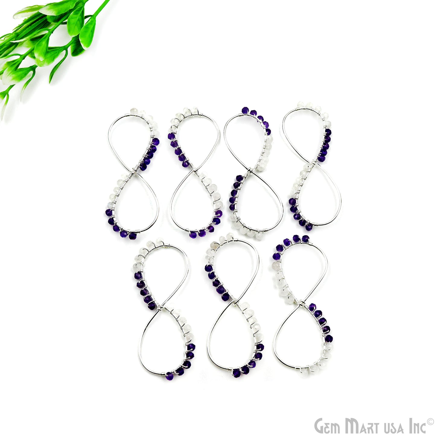 Amethyst & Rainbow Infinity Shaped 70x30mm Silver Wire Wrapped Beaded Jewelry Connector