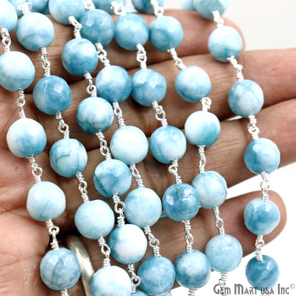 Shaded Turquoise Faceted Beads 10mm Silver Wire Wrapped Beaded Rosary Chain