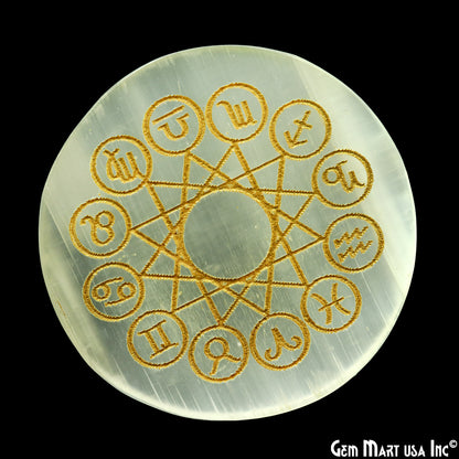 Selenite Round Plate Shape 69mm Engraved Zodiac Signs Reiki Healing Meditation Gemstones