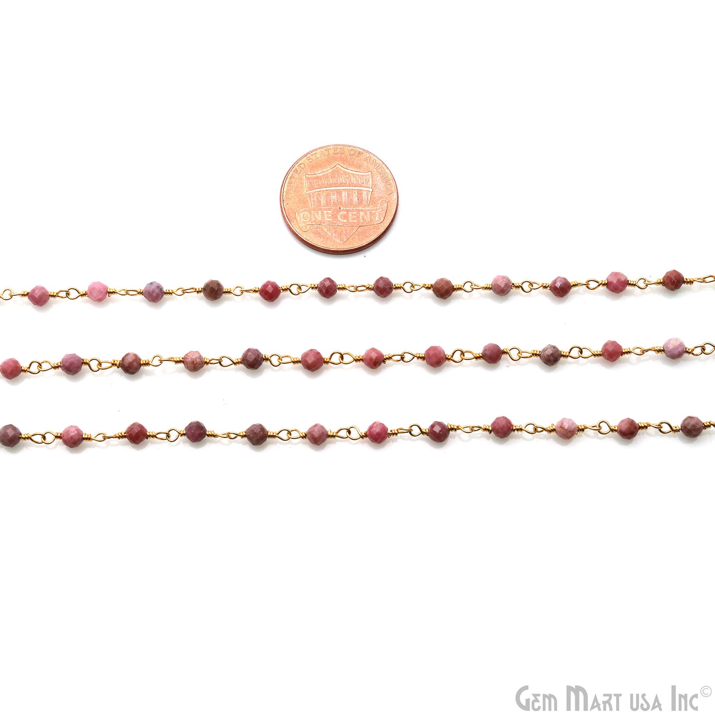 Rhodochrosite Faceted Beads 3-3.5mm Gold Plated Wire Wrapped Rosary Chain