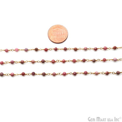 Rhodochrosite Faceted Beads 3-3.5mm Gold Plated Wire Wrapped Rosary Chain