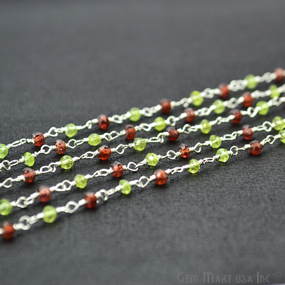 Garnet With Peridot Silver Plated Wire Wrapped Rosary Chain