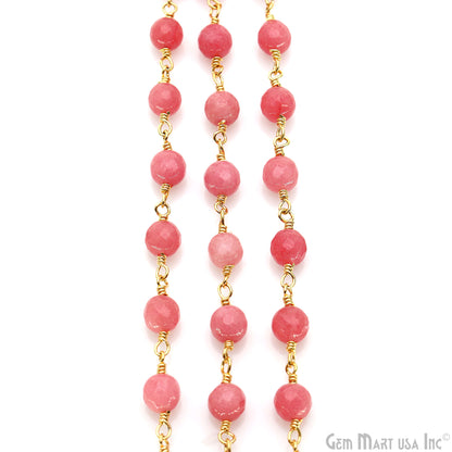 Pink Sunstone jade 6mm Beads Gold Plated Wire Wrapped Rosary Chain (763663515695)