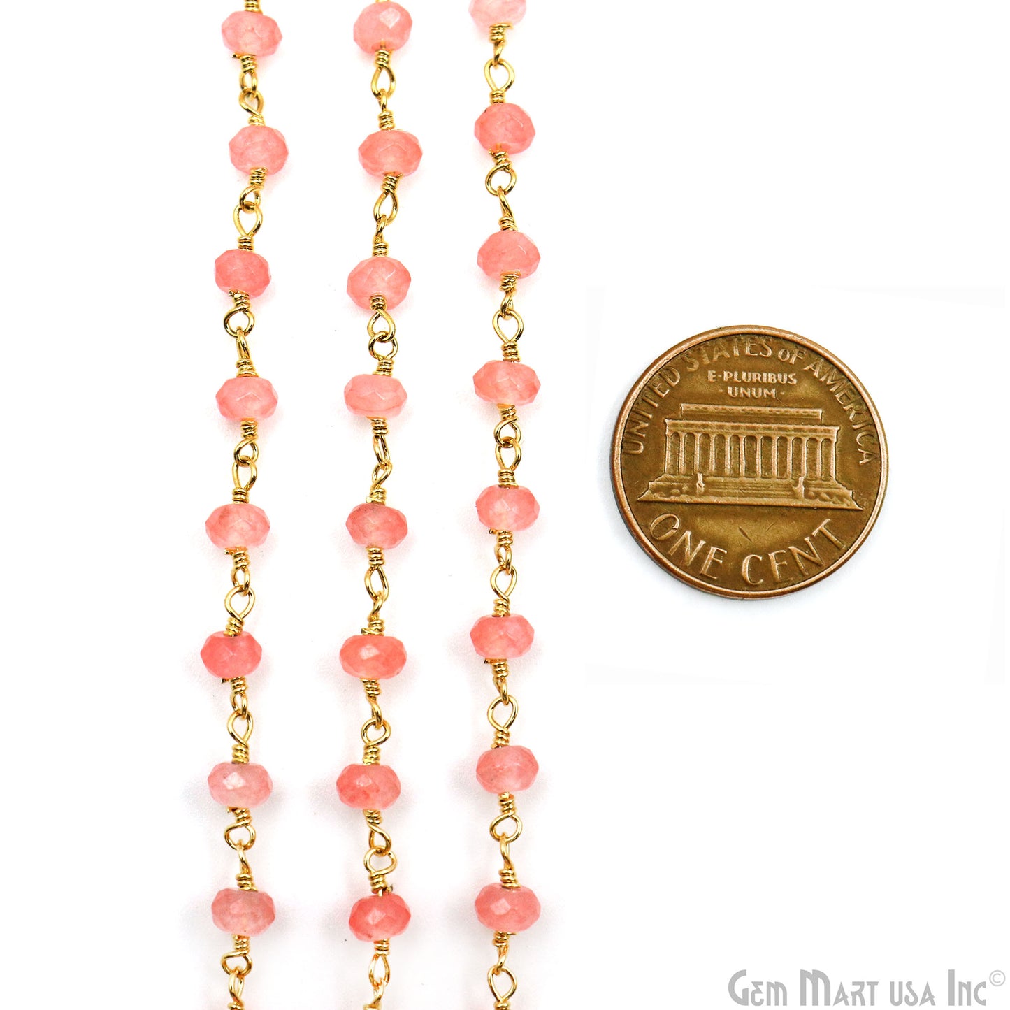 Pink Sunstone Jade Faceted Beads 4mm Gold Plated Gemstone Rosary Chain