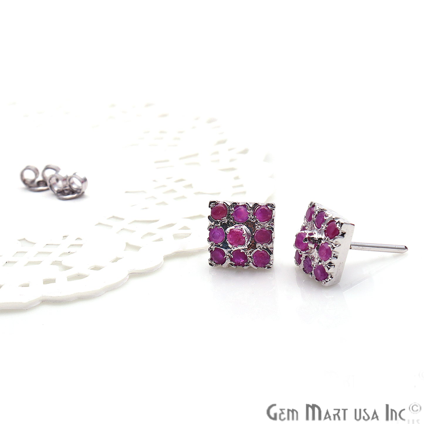 Ruby 10mm Sterling Silver Square Shape Stud Earring - GemMartUSA