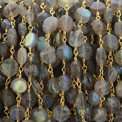 Labradorite Coin Gold Plated Wire Wrapped Beads Rosary Chain - GemMartUSA (763748057135)