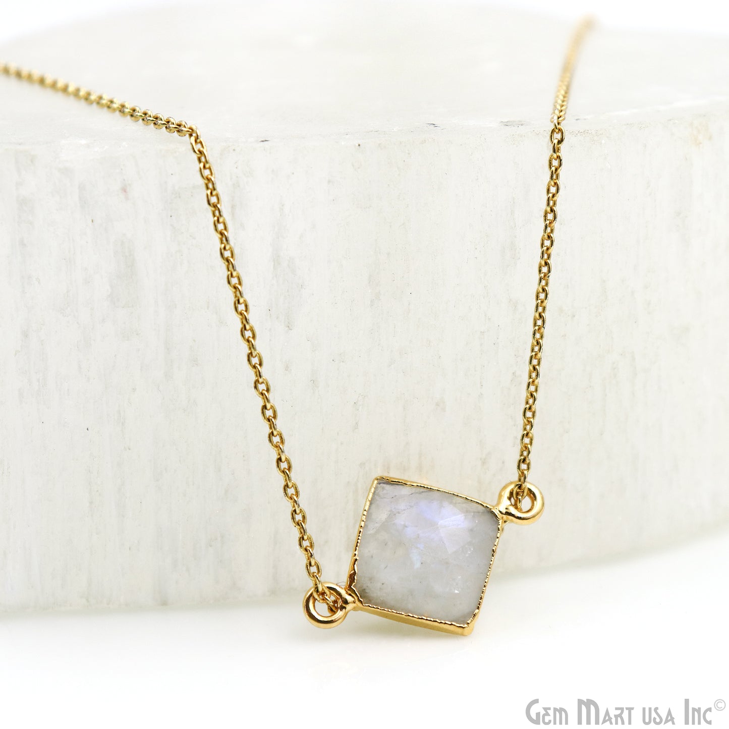 Rainbow Moonstone 12mm Square Gold Edged Double Bail Gemstone Connector