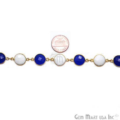 Blue Chalcedony & White Agate 12mm Round Gold Bezel Continuous Connector Chain - GemMartUSA (764267659311)