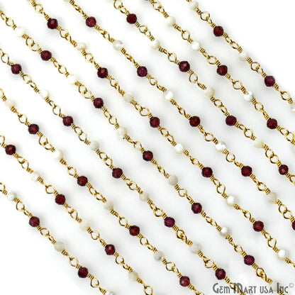 Rhodolite & Mother Of Pearl Gold Plated Wire Wrapped Gemstone Beads Rosary Chain