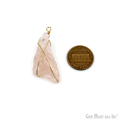 Rose Quartz Rough Gemstone 34x10mm Wire Wrapped Necklace Pendant