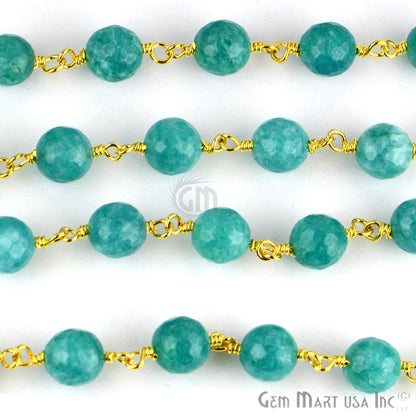 Turquise Green Jade Faceted Beads 8mm Gold Plated Wire Wrapped Rosary Chain - GemMartUSA