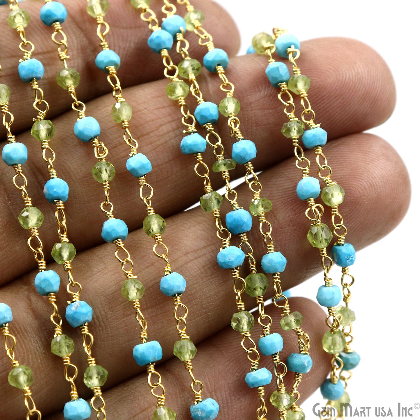 Turquoise & Peridot Bracelet 3-3.5mm Gold Plated Wire Beads Rosary Chain