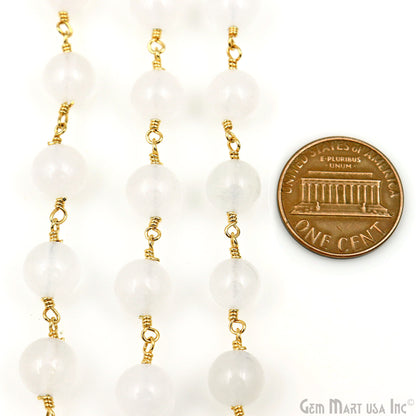 White Jade Faceted Beads 8mm Gold Plated Wire Wrapped Rosary Chain