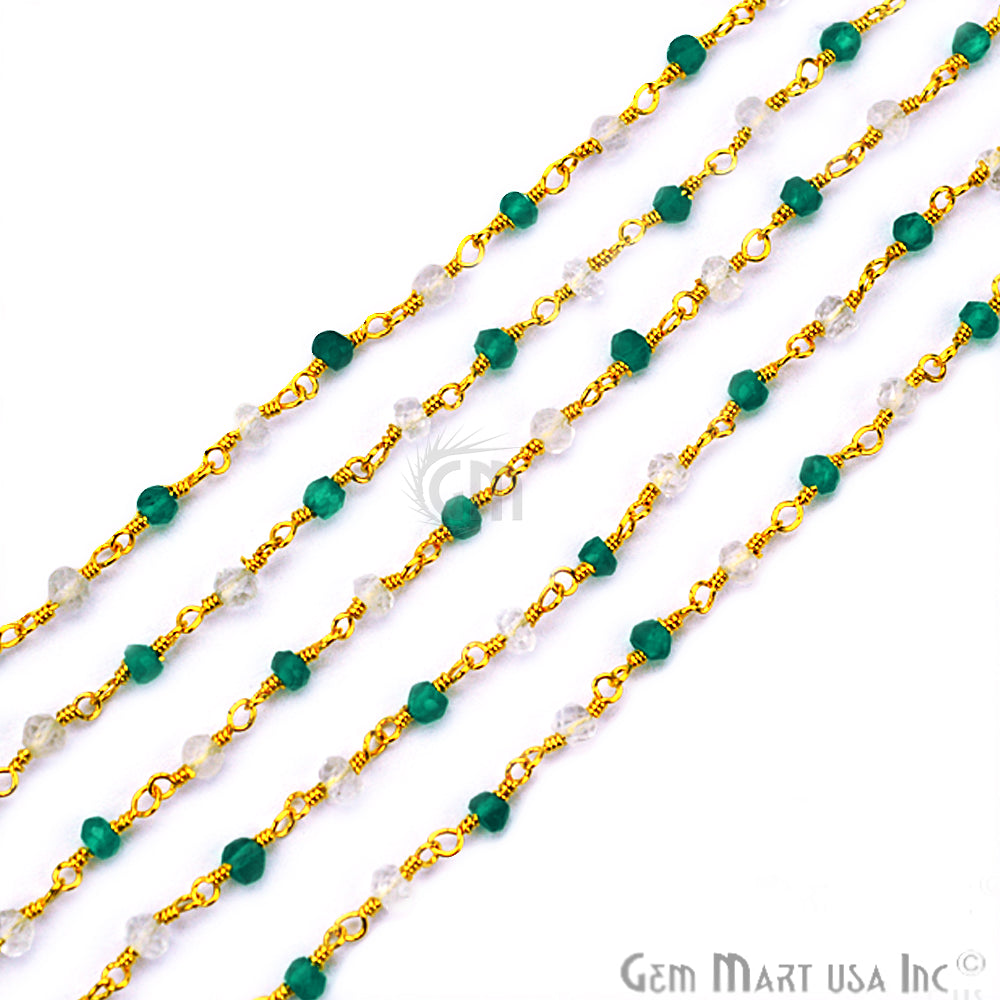 Green Onyx With Crystal Beads Rosary Chain, Gold Plated Wire Wrapped Rosary Chain