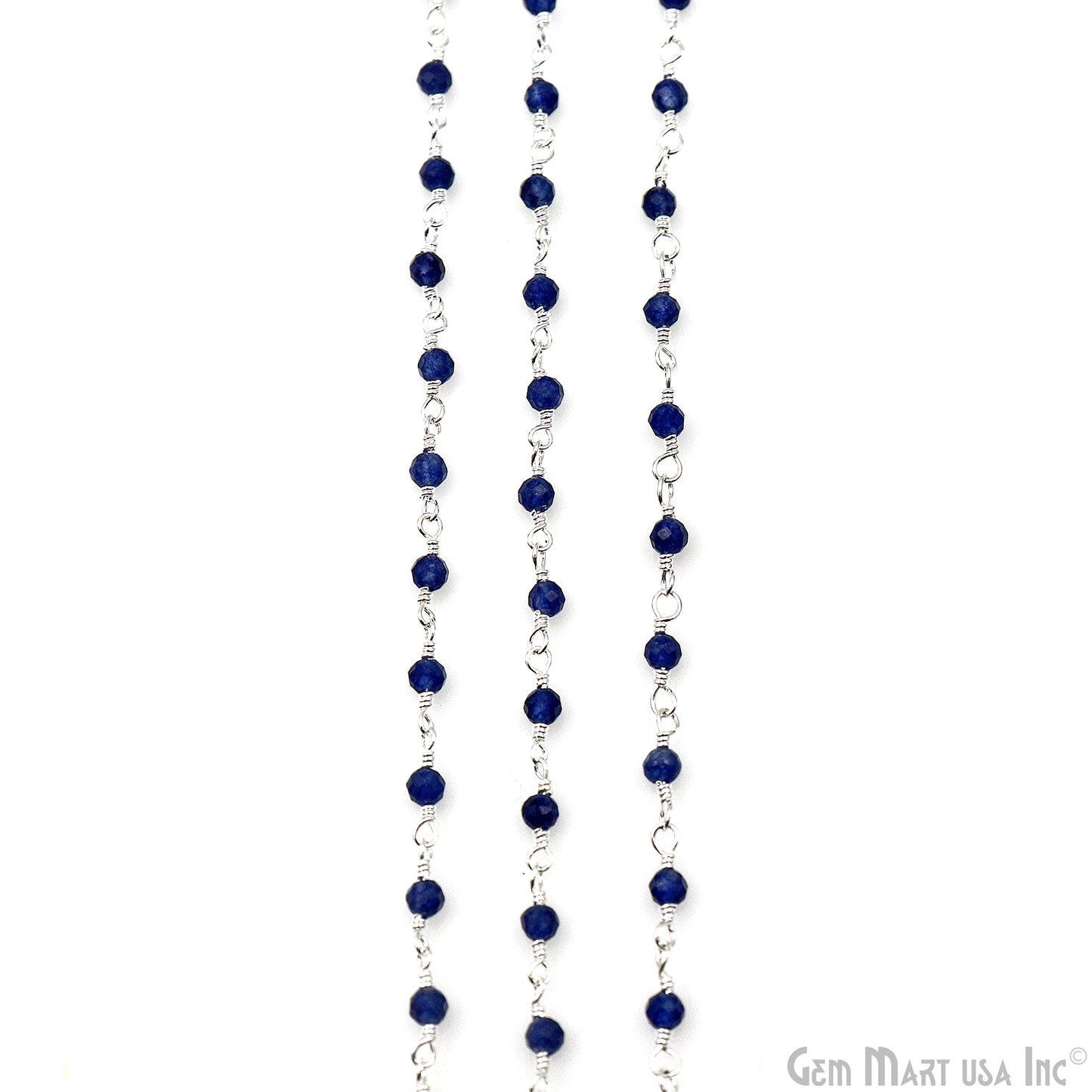 Sapphire 2-2.5mm Tiny Beads Silver Plated Wire Wrapped Rosary Chain