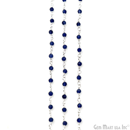 Sapphire 2-2.5mm Tiny Beads Silver Plated Wire Wrapped Rosary Chain