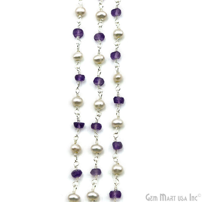 Amethyst With Pearl 3-3.5mm Silver Plated Wire Wrapped Rosary Chain