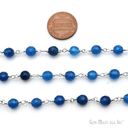 Blue Jade Faceted 6mm Silver Wire Wrapped Rosary Chain