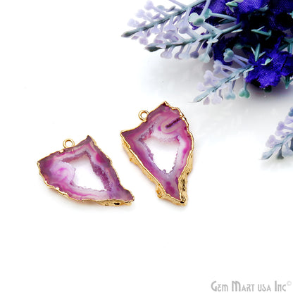 Agate Slice 32x18mm Organic  Gold Electroplated Gemstone Earring Connector 1 Pair