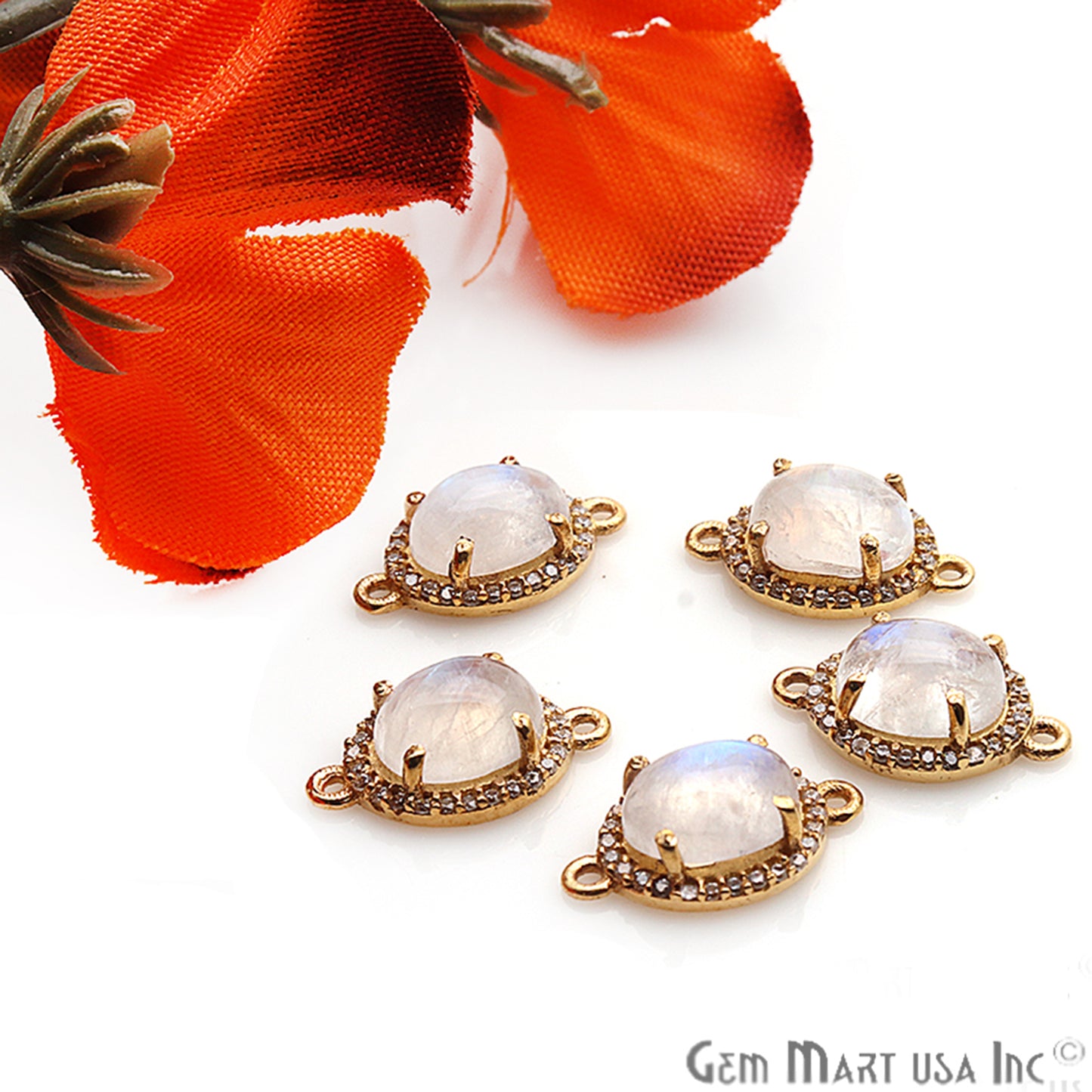 Rainbow Moonstone Cabochon & Cubic Zirconia 7x9mm Oval Gold Plated Double Bail Connector - GemMartUSA