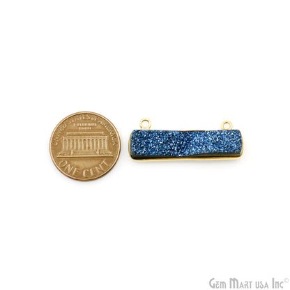 Blue Druzy Gold Plated 30x11mm Rectangle Shape Double Bail Bar Pendant