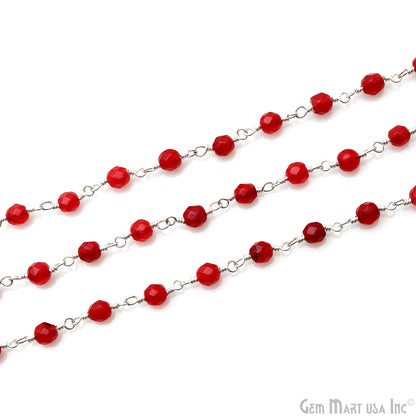 Red Jade Faceted Beads 4mm Silver Plated Wire Wrapped Rosary Chain