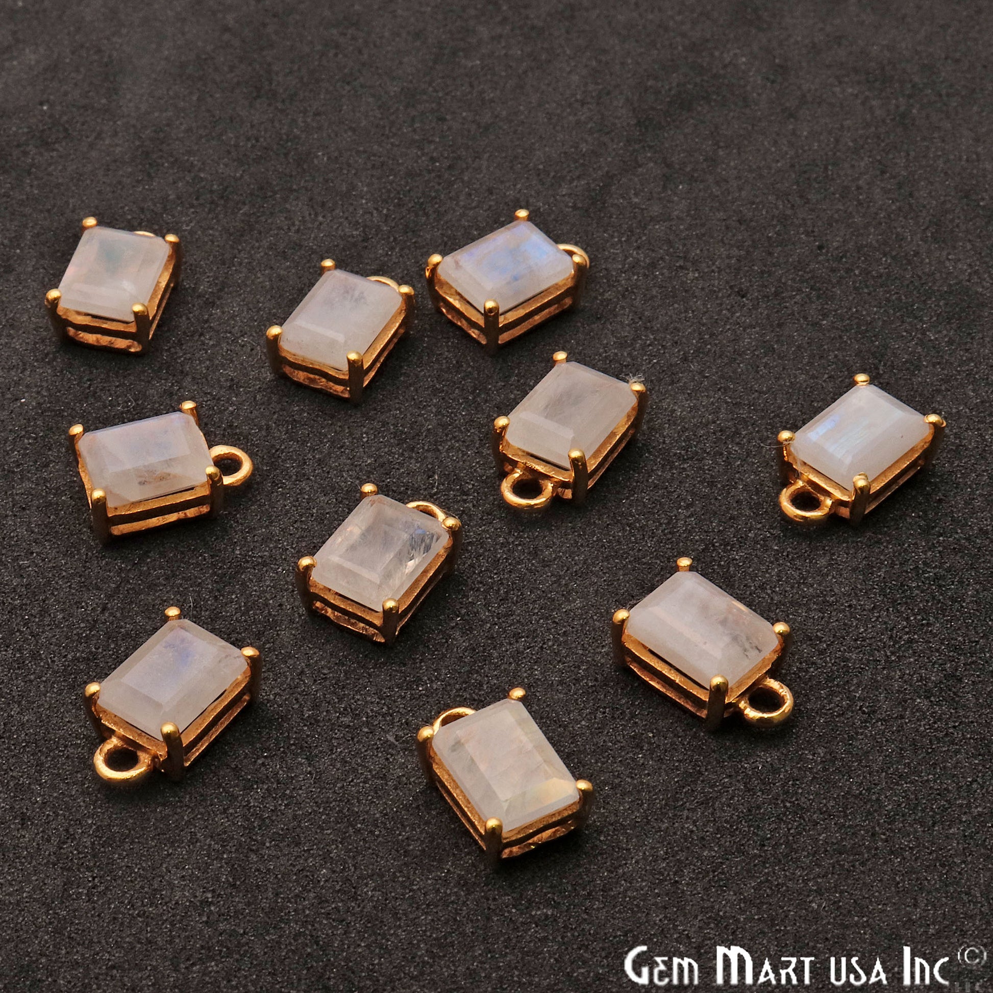 Rainbow Moonstone 6x8mm Rectangle Gold Prong Setting Single Bail Connector - GemMartUSA