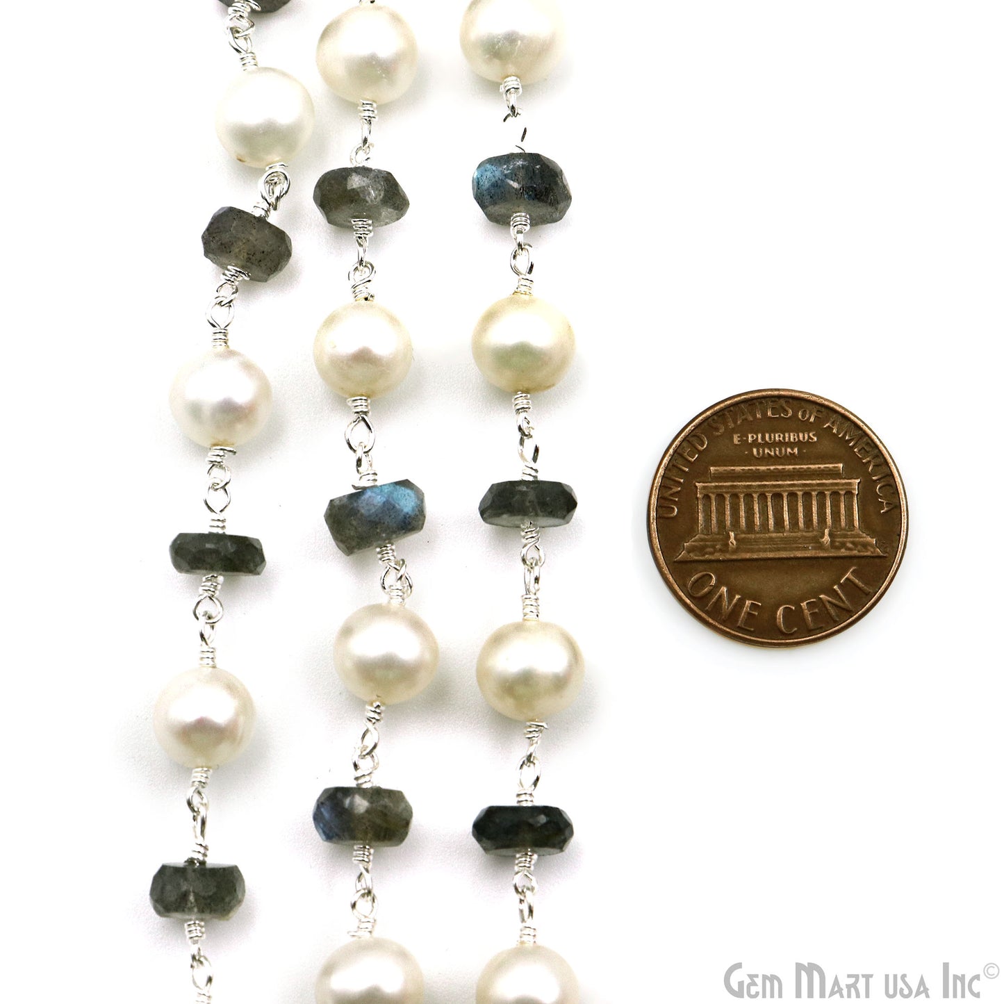 Labradorite & Pearl 7-8mm Faceted Beads Silver Plated Wire Wrapped Rosary Chain