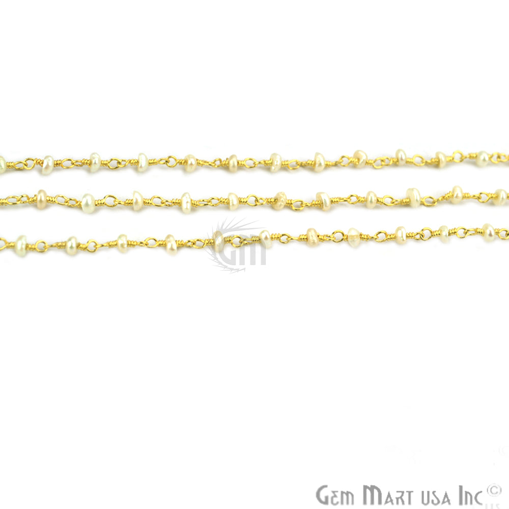 Pearl 2mm Beads Gold Plated Wire Wrapped Gemstone Rosary Chain - GemMartUSA